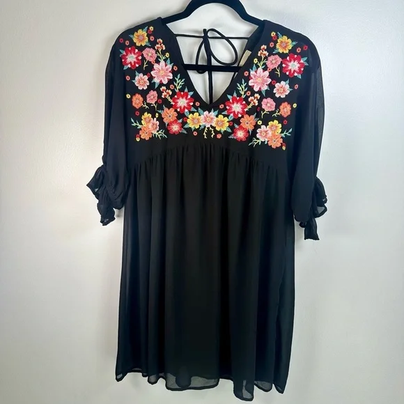 Savanna Jane Black Dress with Pink and Red Floral Embroidery Boho Midi - Picture 1 of 7